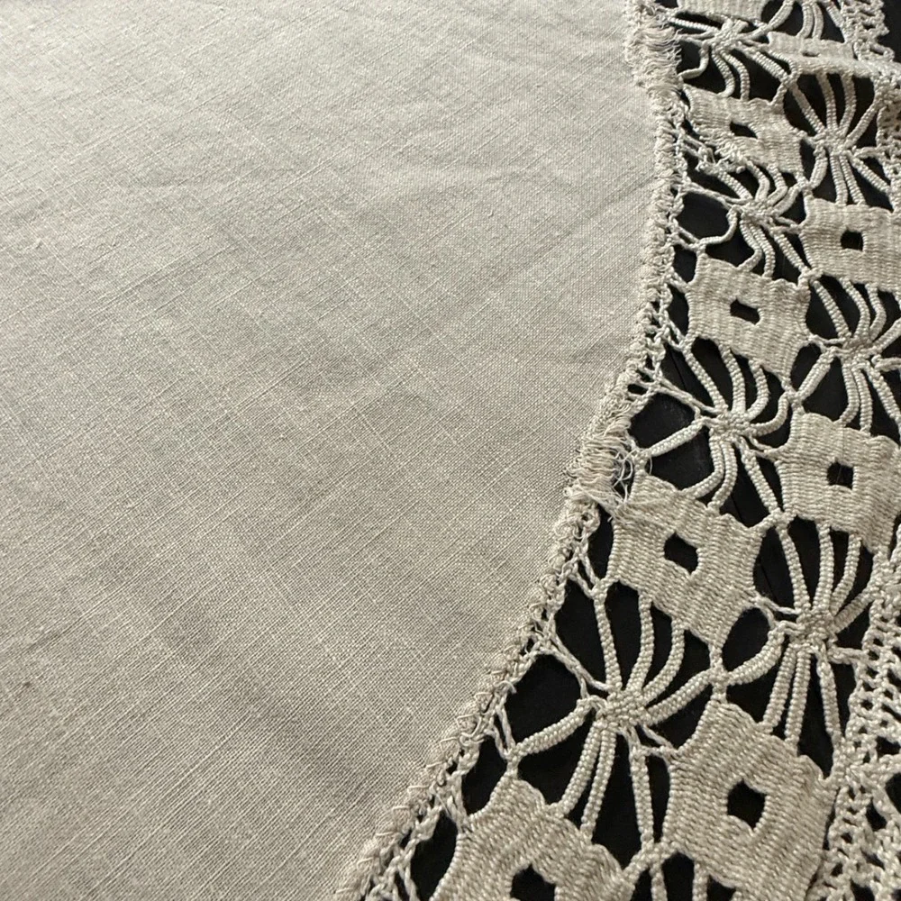 Vintage Oval Linen Tablecloth Crochet Lace Trim Cream Beige 39x42 Inch